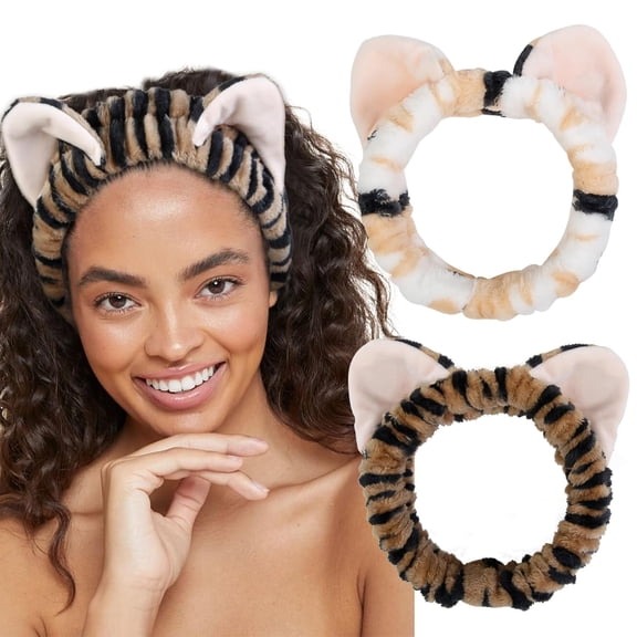 2PCS Plush Cat Ears Spa Headband For Washing Face Skincare Makeup, Elastic Animal Headbands for Women Girls Soft Coral Fleece Facial Wash Hair