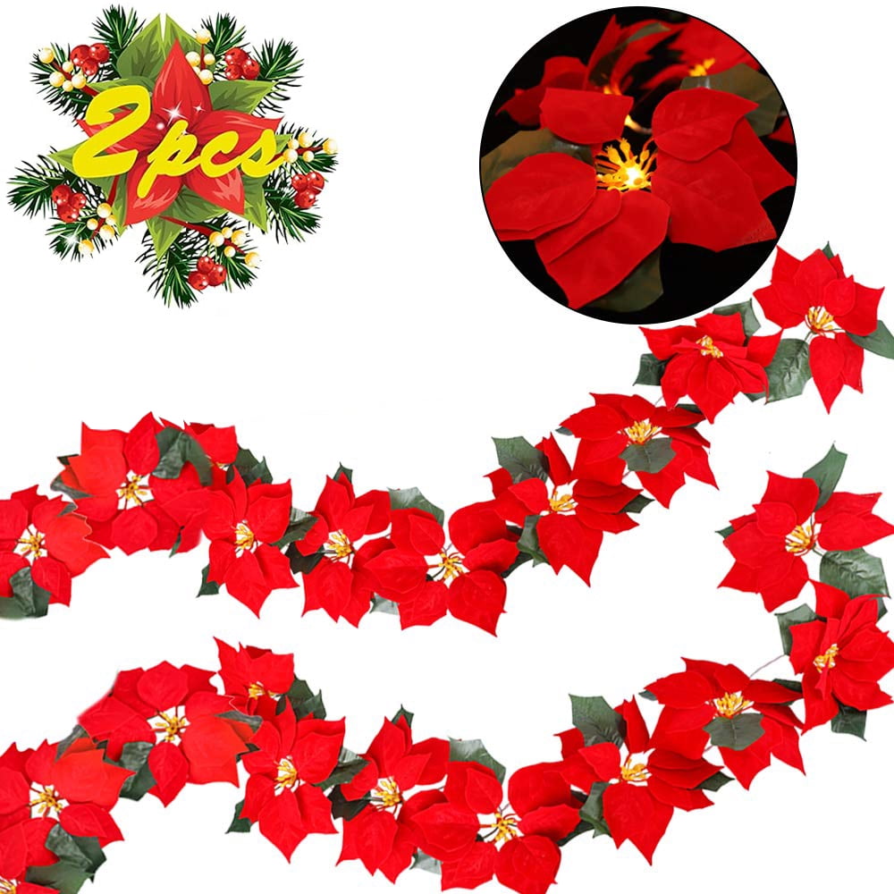 2PCS Poinsettia Christmas Flowers Decorations Garland String Lights 6