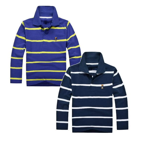 2PCS Polo Shirts for Boys Size 18 Long Sleeve Striped Shirt Cotton T-Shirts Kids Collared Rugby Polo Tops Teen Button Closure Uniform Pique Polos