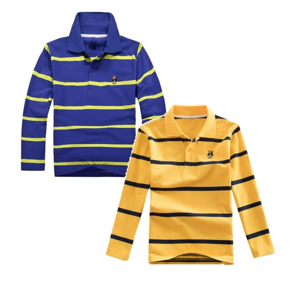 2PCS Polo Shirts for Boys Size 22 Long Sleeve Striped Shirt Cotton T-Shirts Kids Collared Rugby Polo Tops Teen Button Closure Uniform Pique Polos