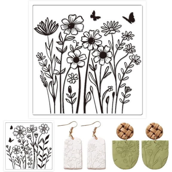 2PCS Polymer Clay Texture Sheets Silicone Texture Stamp Flower Plant Silicone Polymer Stamp Sheet Modeling Pattern Pad for Pottery Earrings Jewelry Making DIY Crafts