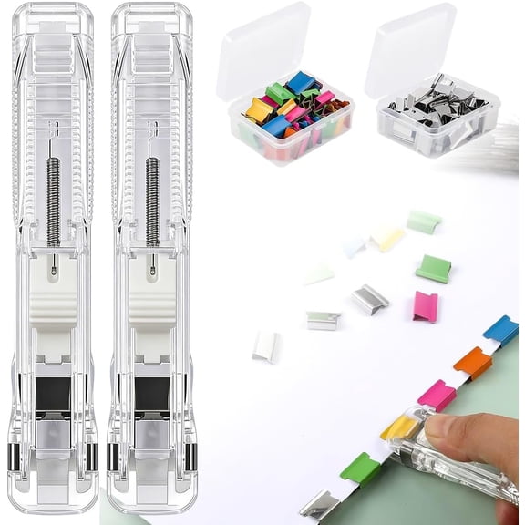 2PCS Portable Binder Clip Stapler - Includes 100 Reusable Clips, Push Clips For Dispenser