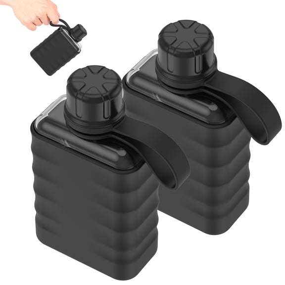 2PCS Portable Flat Water Bottle,8 oz Plastic Drinking Flask,BPA Free Reusable Plastic Travel Water Bottle Cup,Lightweight Leakproof Slim Water Bottles Fits Purse,Backpacking,Hiking (Black)