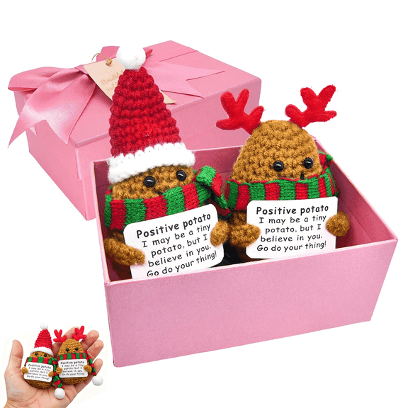 2PCS Positive Crochet Animals Mini Handmade Emotional Support Potato Plush Toy with Uplifting Message Card, Inspirational Gift for Grandkids Women, Men, Teens, Coworkers & Mom