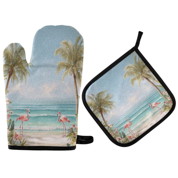 2PCS Pot Holders and Oven Mitts Sets Cooking Gloves Kitchen Gloves Heat-Resistant Non-Slip for Baking Cooking 3d Wall Palm Trees