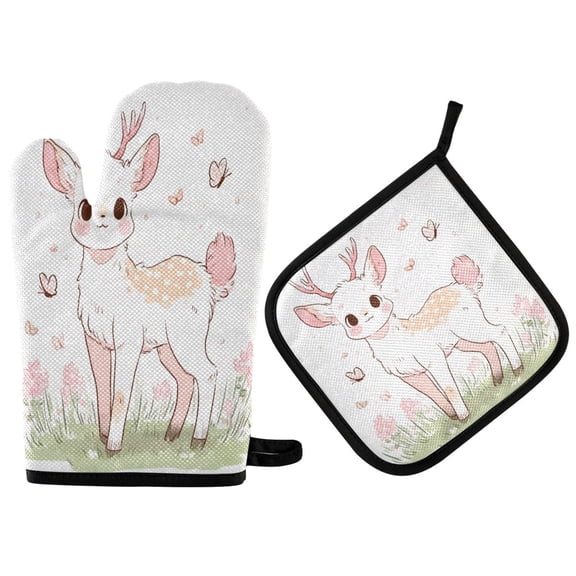 2PCS Pot Holders and Oven Mitts Sets Cooking Gloves Kitchen Gloves Heat-Resistant Non-Slip for Baking Cooking A Cute Deer
