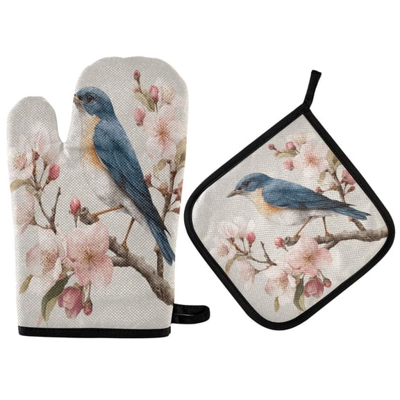 2PCS Pot Holders and Oven Mitts Sets Cooking Gloves Kitchen Gloves Heat-Resistant Non-Slip for Baking Cooking Beautiful Blue Bird