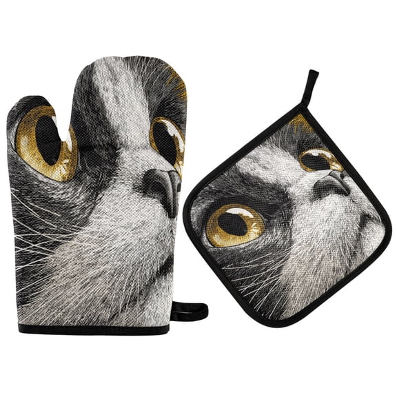 2PCS Pot Holders and Oven Mitts Sets Cooking Gloves Kitchen Gloves Heat-Resistant Non-Slip for Baking Cooking Beautiful Cute Black Cat