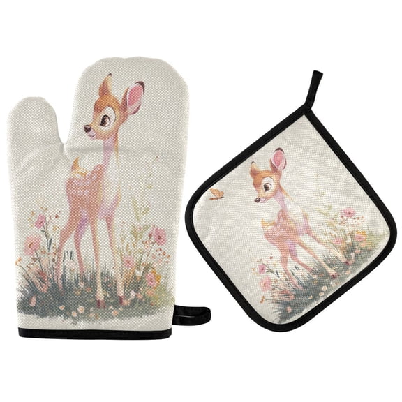 2PCS Pot Holders and Oven Mitts Sets Cooking Gloves Kitchen Gloves Heat-Resistant Non-Slip for Baking Cooking Beautiful Cute Little Deer