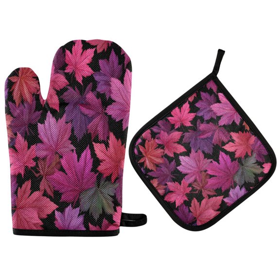 2PCS Pot Holders and Oven Mitts Sets Cooking Gloves Kitchen Gloves Heat-Resistant Non-Slip for Baking Cooking Beautiful Maple Leaves