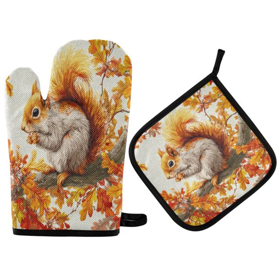 2PCS Pot Holders and Oven Mitts Sets Cooking Gloves Kitchen Gloves Heat-Resistant Non-Slip for Baking Cooking Beautiful Orange Squirrel
