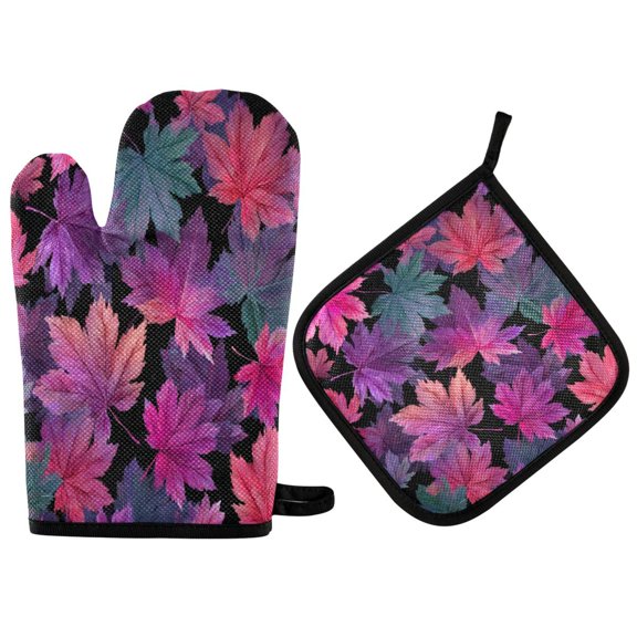 2PCS Pot Holders and Oven Mitts Sets Cooking Gloves Kitchen Gloves Heat-Resistant Non-Slip for Baking Cooking Beautiful Pink Maple Leaves