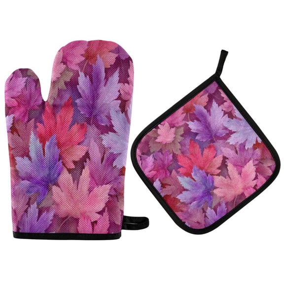 2PCS Pot Holders and Oven Mitts Sets Cooking Gloves Kitchen Gloves Heat-Resistant Non-Slip for Baking Cooking Beautiful Purple Maple Leaves