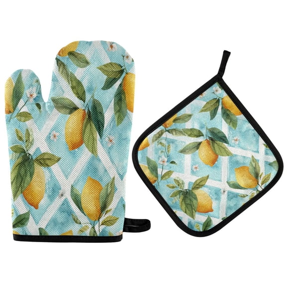 2PCS Pot Holders and Oven Mitts Sets Cooking Gloves Kitchen Gloves Heat-Resistant Non-Slip for Baking Cooking Beautiful Yellow Lemon Pattern