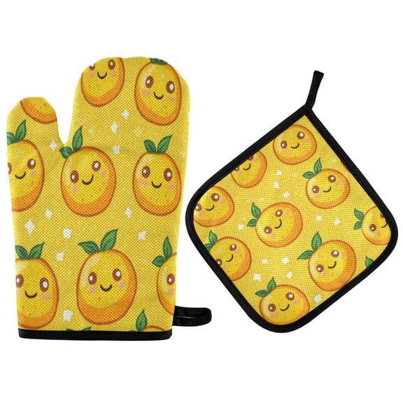 2PCS Pot Holders and Oven Mitts Sets Cooking Gloves Kitchen Gloves Heat-Resistant Non-Slip for Baking Cooking Big Eyes Smiling Lemon