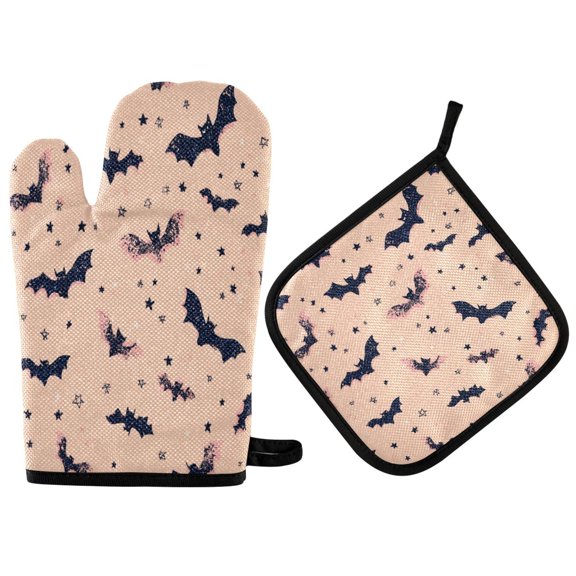 2PCS Pot Holders and Oven Mitts Sets Cooking Gloves Kitchen Gloves Heat-Resistant Non-Slip for Baking Cooking Black Bats