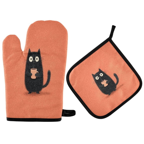 2PCS Pot Holders and Oven Mitts Sets Cooking Gloves Kitchen Gloves Heat-Resistant Non-Slip for Baking Cooking Black Cartoon Cat Pattern