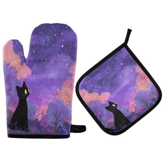 2PCS Pot Holders and Oven Mitts Sets Cooking Gloves Kitchen Gloves Heat-Resistant Non-Slip for Baking Cooking Black Cat Cute