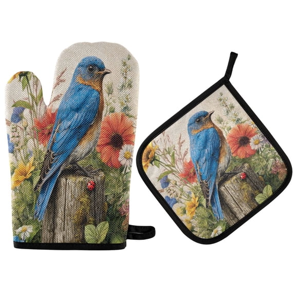 2PCS Pot Holders and Oven Mitts Sets Cooking Gloves Kitchen Gloves Heat-Resistant Non-Slip for Baking Cooking Blue Bird Perched