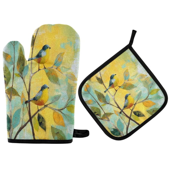 2PCS Pot Holders and Oven Mitts Sets Cooking Gloves Kitchen Gloves Heat-Resistant Non-Slip for Baking Cooking Blue Birds Beautiful