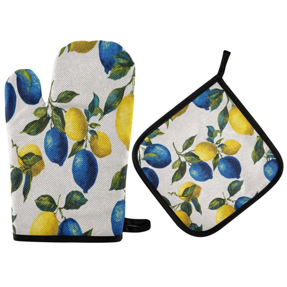 2PCS Pot Holders and Oven Mitts Sets Cooking Gloves Kitchen Gloves Heat-Resistant Non-Slip for Baking Cooking Blue Lemon