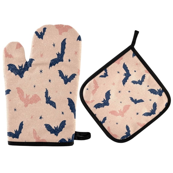 2PCS Pot Holders and Oven Mitts Sets Cooking Gloves Kitchen Gloves Heat-Resistant Non-Slip for Baking Cooking Cartoon Black Bats