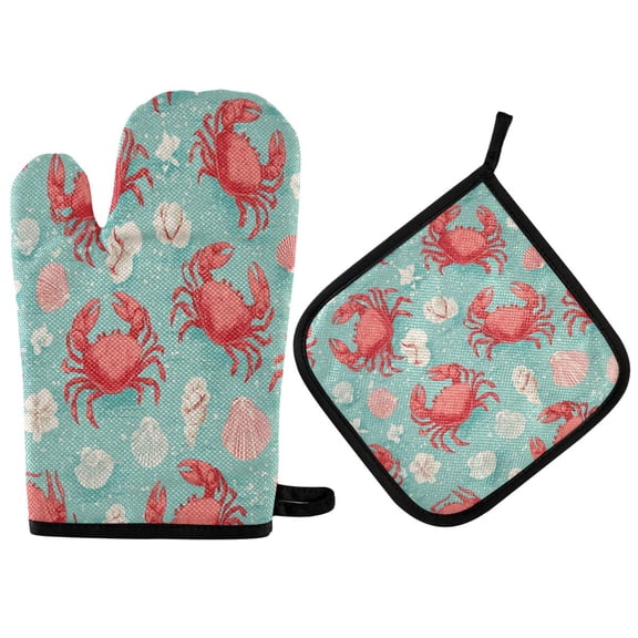 2PCS Pot Holders and Oven Mitts Sets Cooking Gloves Kitchen Gloves Heat-Resistant Non-Slip for Baking Cooking Cartoon Crabs and Shells
