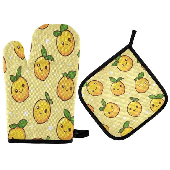 2PCS Pot Holders and Oven Mitts Sets Cooking Gloves Kitchen Gloves Heat-Resistant Non-Slip for Baking Cooking Cartoon Smile Lemon