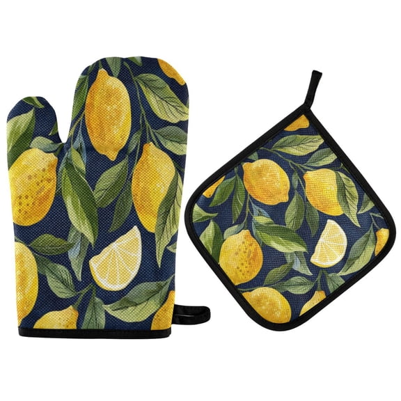 2PCS Pot Holders and Oven Mitts Sets Cooking Gloves Kitchen Gloves Heat-Resistant Non-Slip for Baking Cooking Cartoon Yellow Lemon