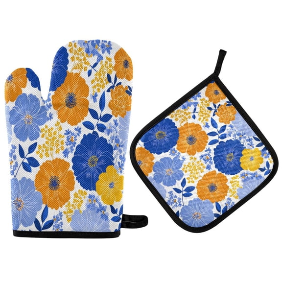 2PCS Pot Holders and Oven Mitts Sets Cooking Gloves Kitchen Gloves Heat-Resistant Non-Slip for Baking Cooking Cheerful Flower Pattern Design
