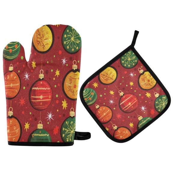 2PCS Pot Holders and Oven Mitts Sets Cooking Gloves Kitchen Gloves Heat-Resistant Non-Slip for Baking Cooking Christmas Cartoon Ball