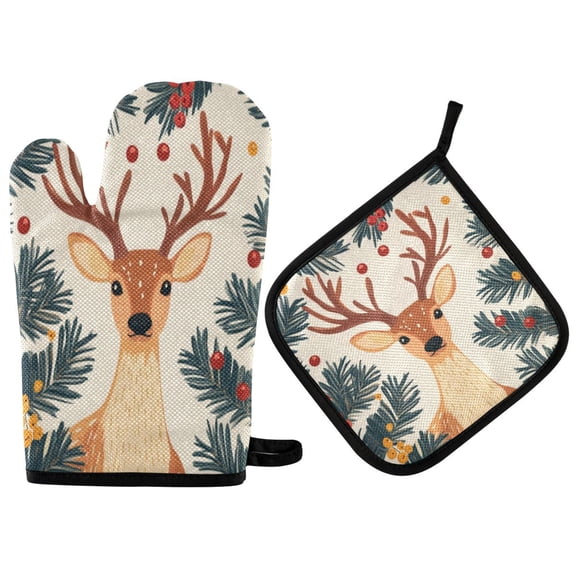 2PCS Pot Holders and Oven Mitts Sets Cooking Gloves Kitchen Gloves Heat-Resistant Non-Slip for Baking Cooking Christmas Deer Pattern