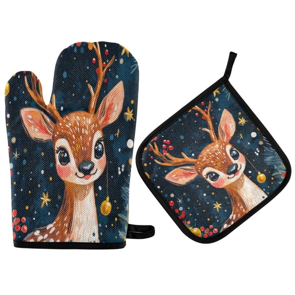 2PCS Pot Holders and Oven Mitts Sets Cooking Gloves Kitchen Gloves Heat-Resistant Non-Slip for Baking Cooking Christmas Deer with Big Eyes