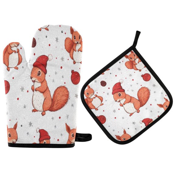 2PCS Pot Holders and Oven Mitts Sets Cooking Gloves Kitchen Gloves Heat-Resistant Non-Slip for Baking Cooking Christmas Pretty Squirrel