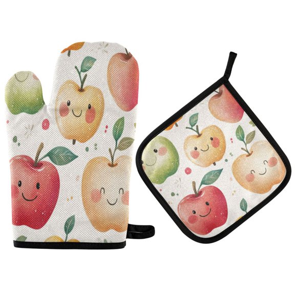 2PCS Pot Holders and Oven Mitts Sets Cooking Gloves Kitchen Gloves Heat-Resistant Non-Slip for Baking Cooking Colorful Cartoon Smiling Apple