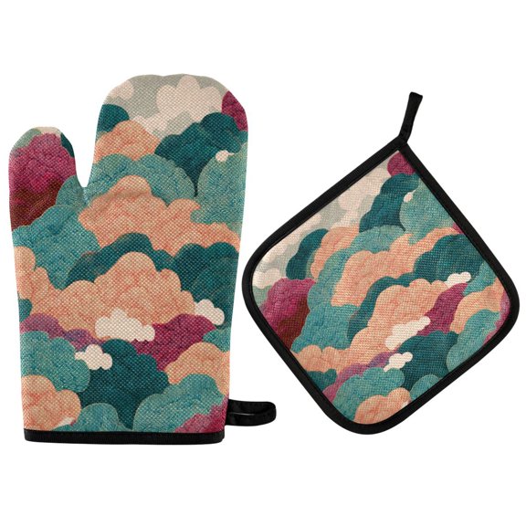 2PCS Pot Holders and Oven Mitts Sets Cooking Gloves Kitchen Gloves Heat-Resistant Non-Slip for Baking Cooking Colorful and Beautiful Clouds