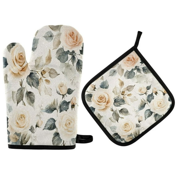 2PCS Pot Holders and Oven Mitts Sets Cooking Gloves Kitchen Gloves Heat-Resistant Non-Slip for Baking Cooking Coral Roses