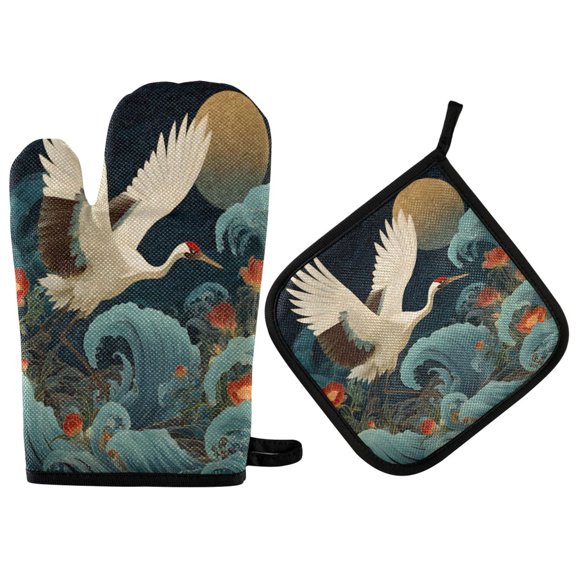 2PCS Pot Holders and Oven Mitts Sets Cooking Gloves Kitchen Gloves Heat-Resistant Non-Slip for Baking Cooking Crane Sea Waves