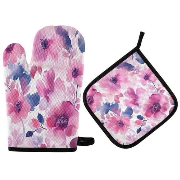 2PCS Pot Holders and Oven Mitts Sets Cooking Gloves Kitchen Gloves Heat-Resistant Non-Slip for Baking Cooking Cream Flower