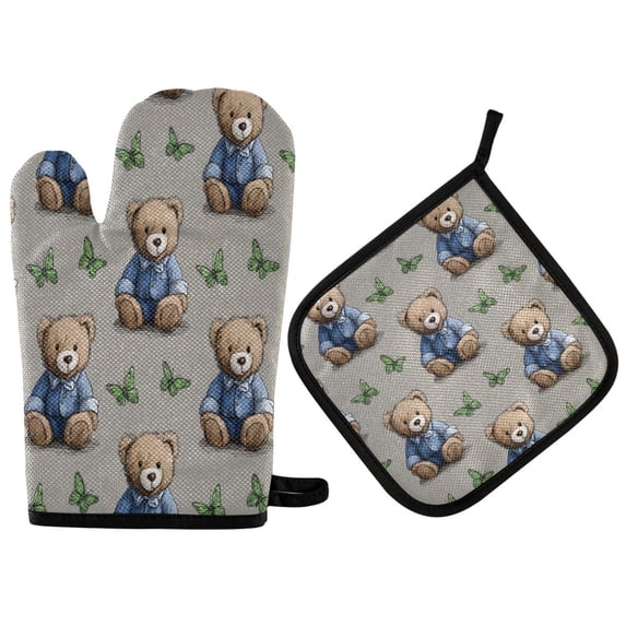 2PCS Pot Holders and Oven Mitts Sets Cooking Gloves Kitchen Gloves Heat-Resistant Non-Slip for Baking Cooking Cute Bear Seamless