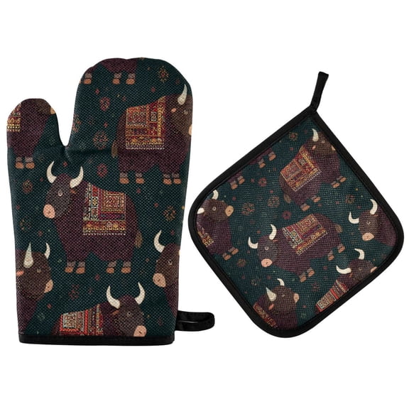 2PCS Pot Holders and Oven Mitts Sets Cooking Gloves Kitchen Gloves Heat-Resistant Non-Slip for Baking Cooking Cute Cow Cartoon