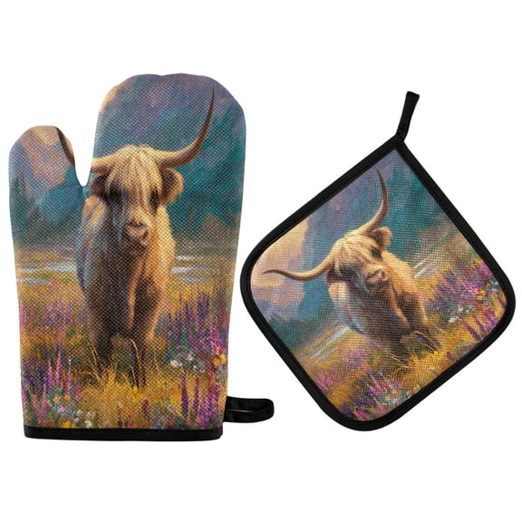 2PCS Pot Holders and Oven Mitts Sets Cooking Gloves Kitchen Gloves Heat-Resistant Non-Slip for Baking Cooking Cute Cow