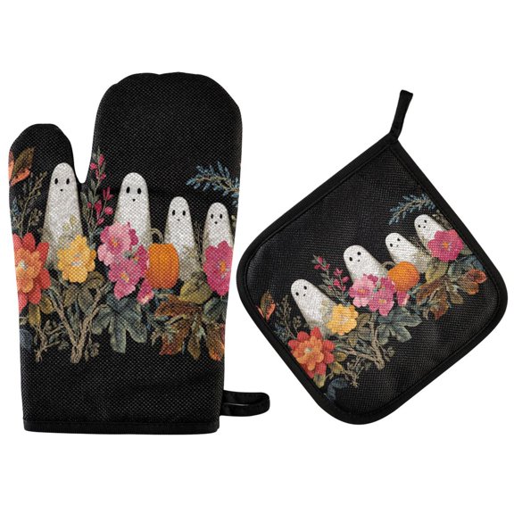 2PCS Pot Holders and Oven Mitts Sets Cooking Gloves Kitchen Gloves Heat-Resistant Non-Slip for Baking Cooking Cute Ghost
