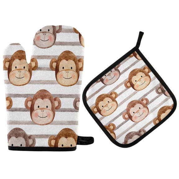 2PCS Pot Holders and Oven Mitts Sets Cooking Gloves Kitchen Gloves Heat-Resistant Non-Slip for Baking Cooking Cute Monkey Faces Backdrop