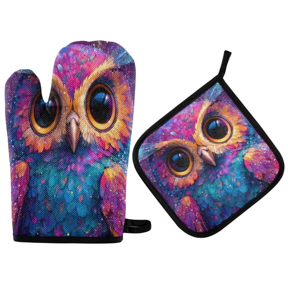2PCS Pot Holders and Oven Mitts Sets Cooking Gloves Kitchen Gloves Heat-Resistant Non-Slip for Baking Cooking Cute Purple Owl Pattern