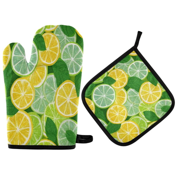 2PCS Pot Holders and Oven Mitts Sets Cooking Gloves Kitchen Gloves Heat-Resistant Non-Slip for Baking Cooking Cute Seamless Lemon