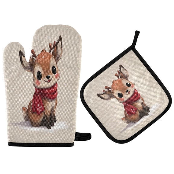 2PCS Pot Holders and Oven Mitts Sets Cooking Gloves Kitchen Gloves Heat-Resistant Non-Slip for Baking Cooking Cute Yellow Christmas Deer