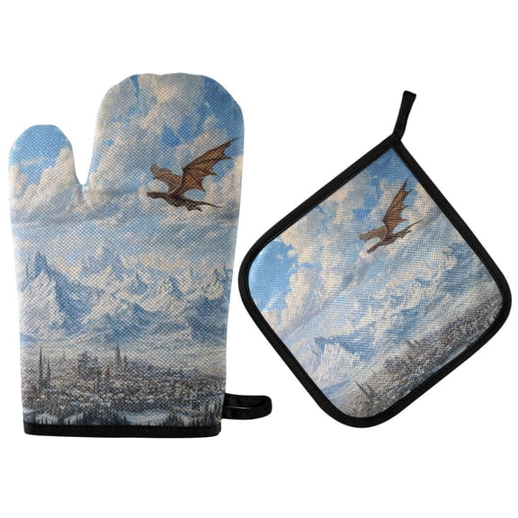2PCS Pot Holders and Oven Mitts Sets Cooking Gloves Kitchen Gloves Heat-Resistant Non-Slip for Baking Cooking Dragon Flying Medieval Town
