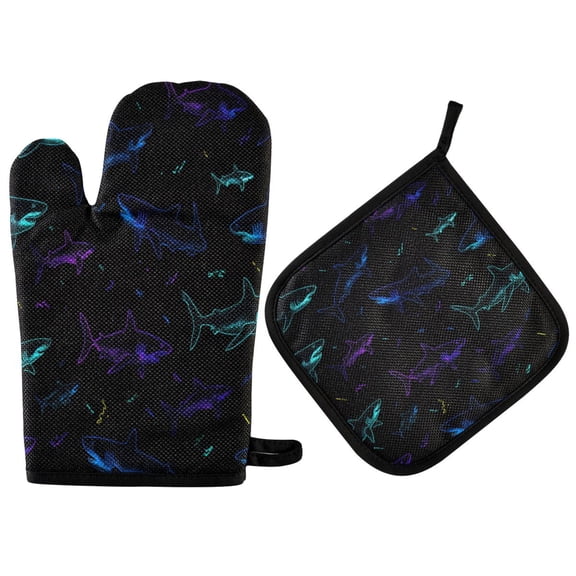 2PCS Pot Holders and Oven Mitts Sets Cooking Gloves Kitchen Gloves Heat-Resistant Non-Slip for Baking Cooking Fierce Shark Pattern Design