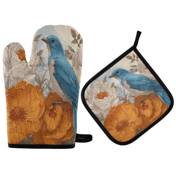 2PCS Pot Holders and Oven Mitts Sets Cooking Gloves Kitchen Gloves Heat-Resistant Non-Slip for Baking Cooking Flowers Blue Bird Pattern